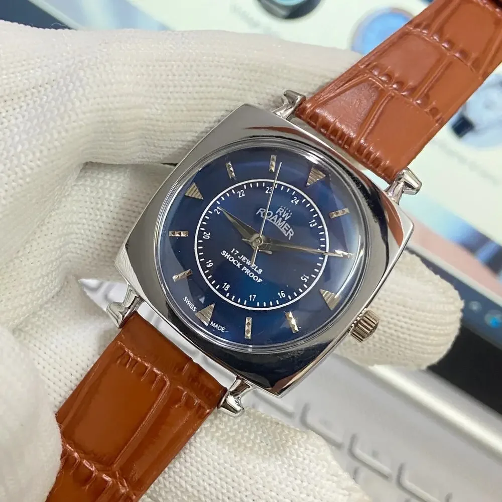 Vintage 1982 Roamer Manual Mens Silver Watch W/Leather Strap & Blue accents